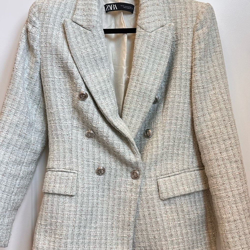 Zara Women's Tweed Blazer (green and cream)